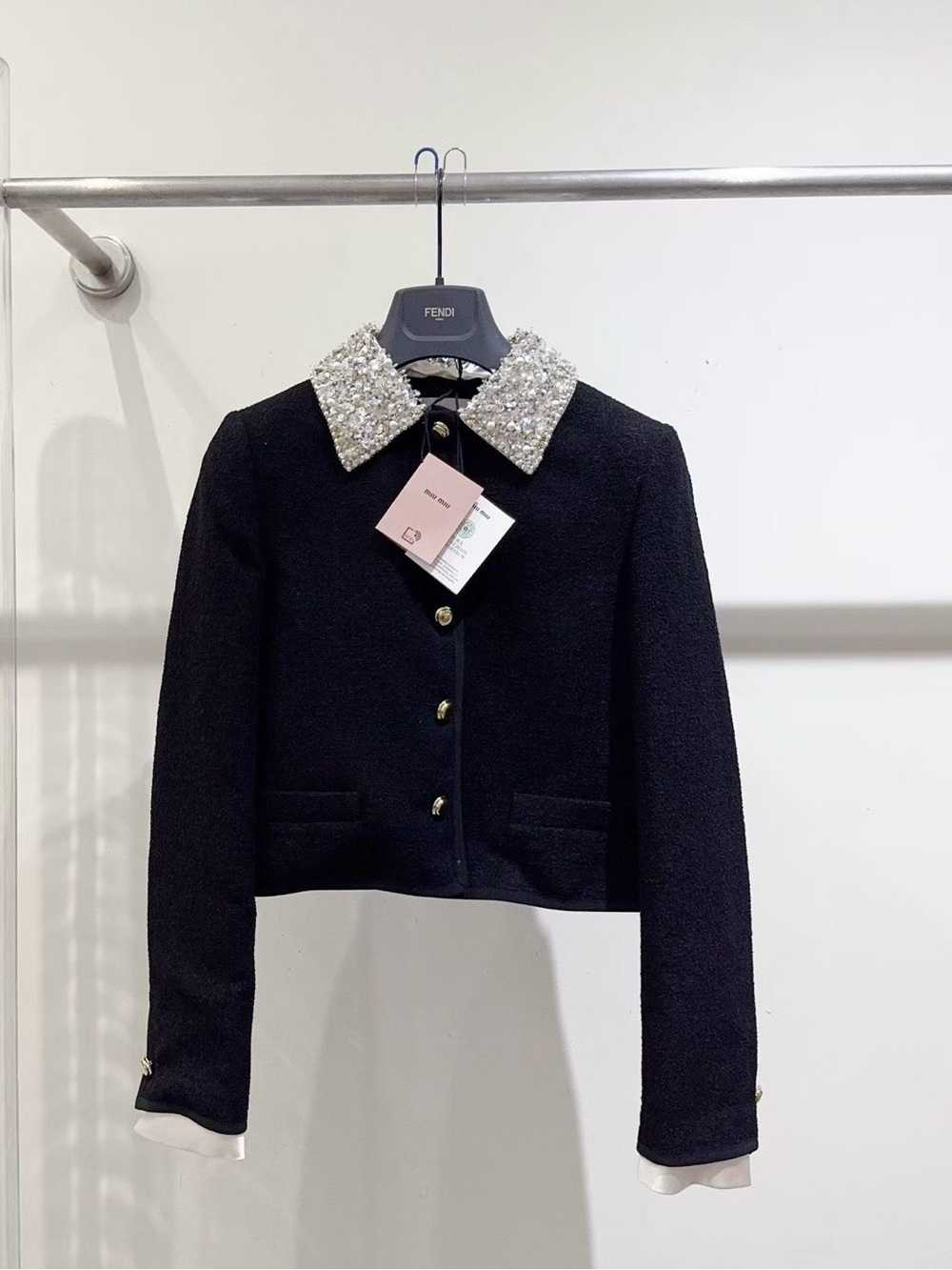Miu Miu Black Cropped Jacket with Crystal Embellished Collar